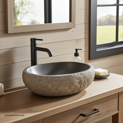 Opbouw waskom Differnz Riverstone Lombok Large natuursteen beige en grijs