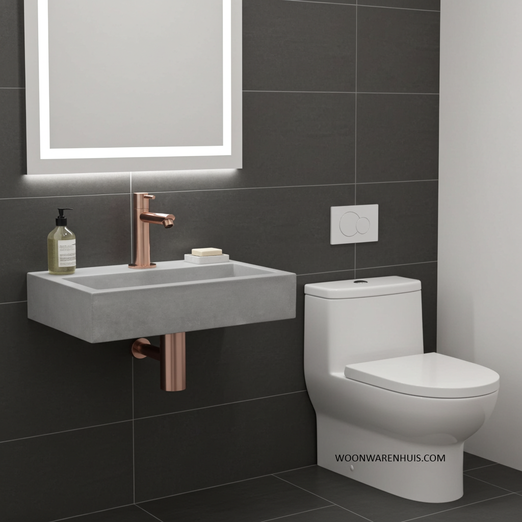 Complete fonteinset Differnz Flat 38x24 cm beton en rood koper