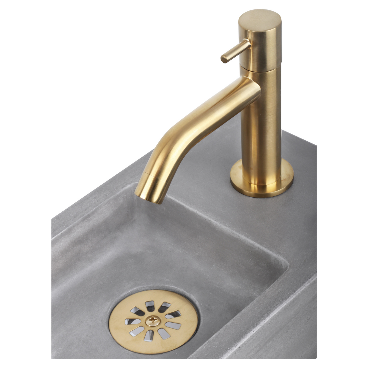 Complete fonteinset Differnz Ravo 38x18 cm lichtgrijs beton en mat gouden gebogen kraan