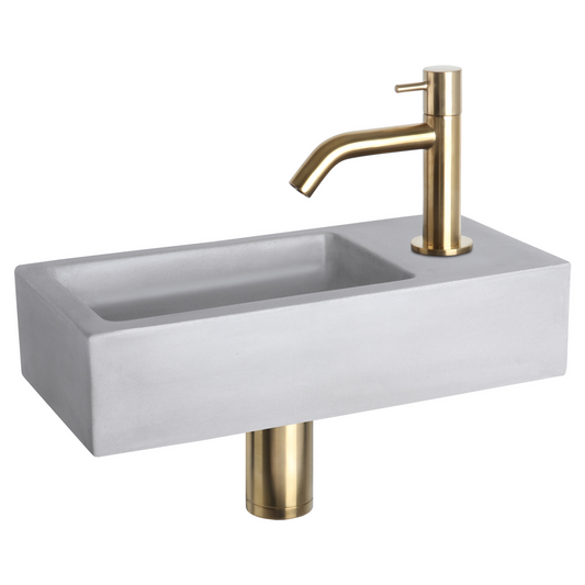 Complete fonteinset Differnz Ravo 38x18 cm lichtgrijs beton en mat gouden gebogen kraan