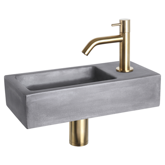 Complete fonteinset Differnz Ravo 38x18 cm donkergrijs beton en mat gouden gebogen kraan