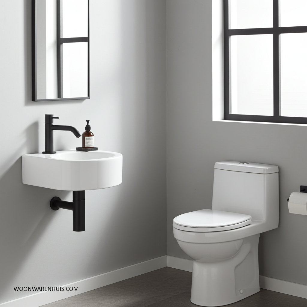 Complete hoekfonteinset Differnz Cleo 30x30 cm keramiek en mat zwart gebogen kraan