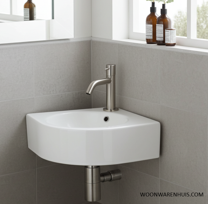 Complete hoekfonteinset Differnz Cleo 30x30 cm keramiek en rvs gebogen kraan