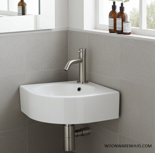 Complete hoekfonteinset Differnz Cleo 30x30 cm keramiek en rvs gebogen kraan