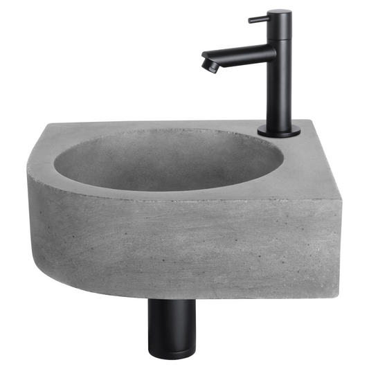 Complete hoekfonteinset Differnz Cleo 30x30 cm donkergrijs beton en mat zwart rechte kraan