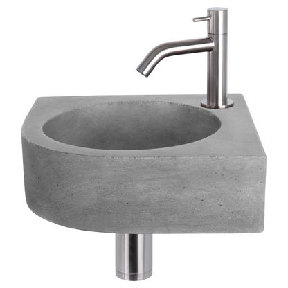 Complete hoekfonteinset Differnz Cleo 30x30 cm donkergrijs beton en mat chroom gebogen kraan