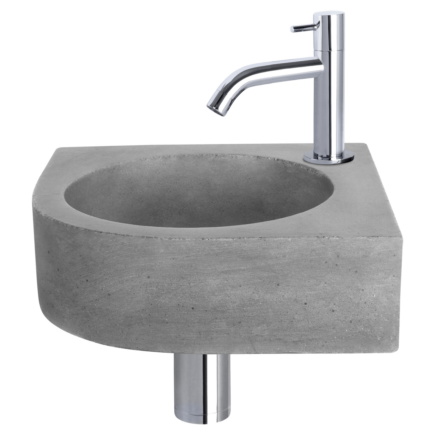 Complete hoekfonteinset Differnz Cleo 30x30 cm donkergrijs beton en glanzend chroom gebogen kraan