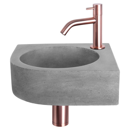 Complete hoekfonteinset Differnz Cleo 30x30 cm donkergrijs beton en koper gebogen kraan