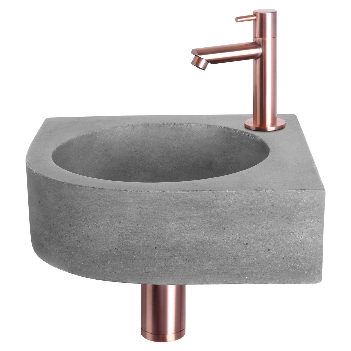 Complete hoekfonteinset Differnz Cleo 30x30 cm donkergrijs beton en koper rechte kraan