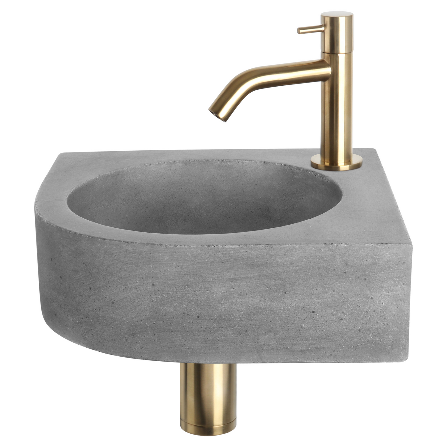 Complete hoekfonteinset Differnz Cleo 30x30 cm donkergrijs beton en mat gouden gebogen kraan
