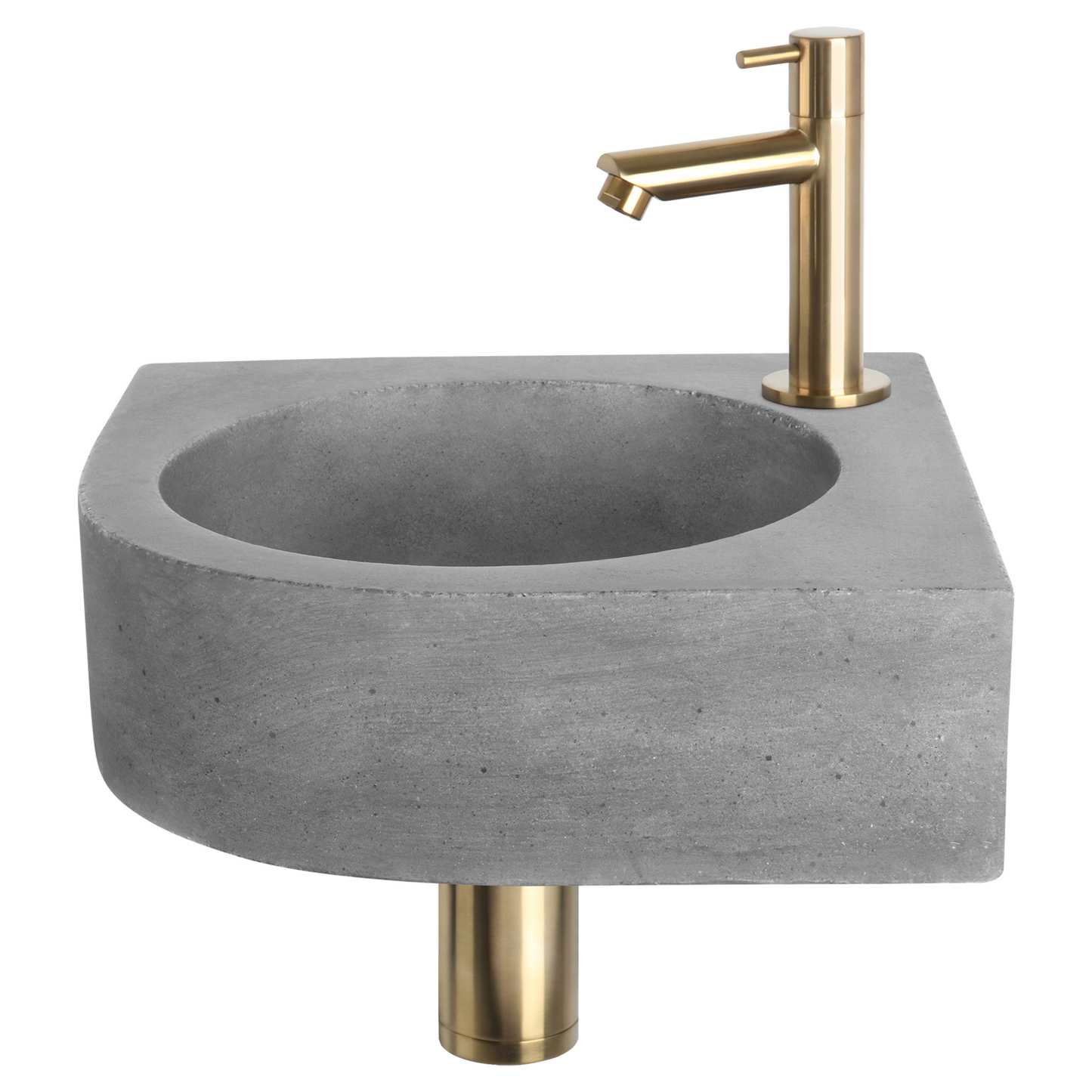 Complete hoekfonteinset Differnz Cleo 30x30 cm donkergrijs beton en mat gouden rechte kraan