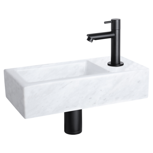 Complete fonteinset Differnz Helios 38x18 cm marmer en mat zwart rechte kraan