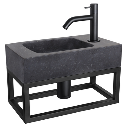 Complete fonteinset met handdoekrek Differnz Bombai black 40x22 cm natuursteen en mat zwarte gebogen kraan