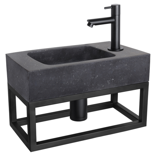 Complete fonteinset met handdoekrek Differnz Bombai black 40x22 cm natuursteen en mat zwarte rechte kraan