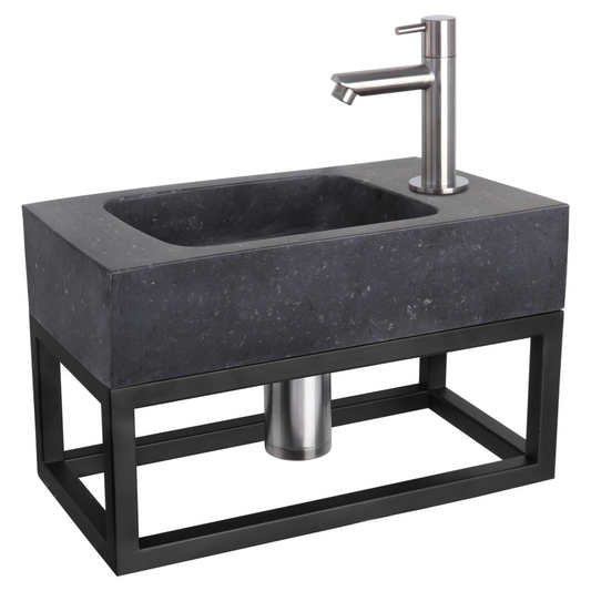 Complete fonteinset met handdoekrek Differnz Bombai black 40x22 cm natuursteen en mat chroom rechte kraan