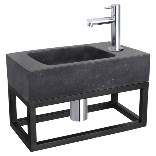 Complete fonteinset met handdoekrek Differnz Bombai black 40x22 cm natuursteen en glanzend chroom rechte kraan