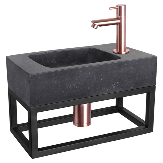 Complete fonteinset met handdoekrek Differnz Bombai black 40x22 cm natuursteen en koper rechte kraan
