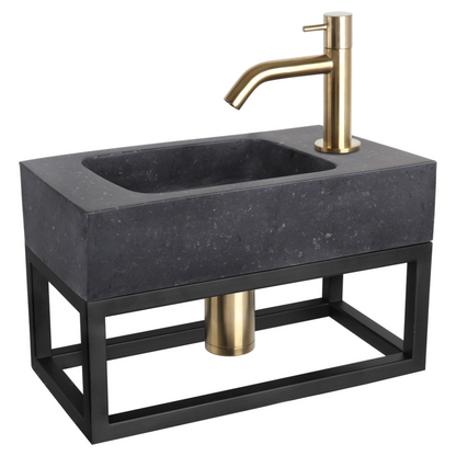 Complete fonteinset met handdoekrek Differnz Bombai black 40x22 cm natuursteen en mat gouden gebogen kraan