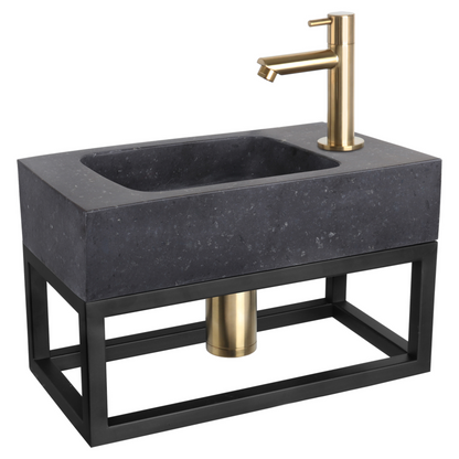 Complete fonteinset met handdoekrek Differnz Bombai black 40x22 cm natuursteen en mat gouden rechte kraan