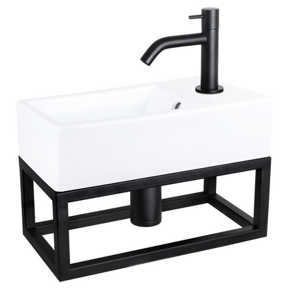 Complete fonteinset met handdoekrek Differnz Force 40x22 cm keramiek en mat zwart gebogen kraan