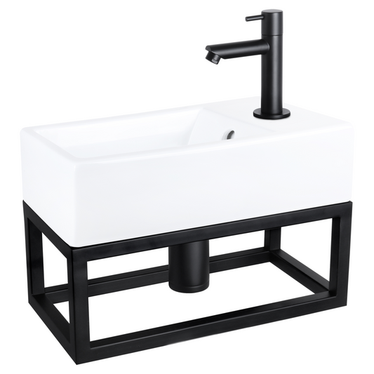 Complete fonteinset met handdoekrek Differnz Force 40x22 cm keramiek en mat zwarte rechte kraan