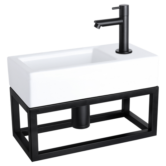 Complete fonteinset met handdoekrek Differnz Ravo 38x18 cm keramiek en mat zwart rechte kraan