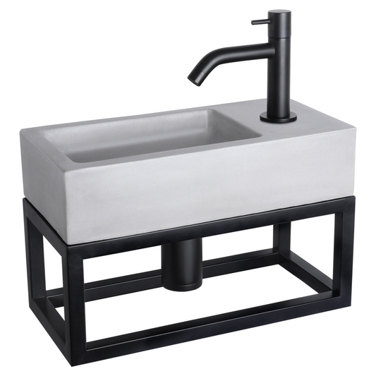 Complete fonteinset met handdoekrek Differnz Ravo 38x18 cm lichtgrijs beton en mat zwart gebogen kraan
