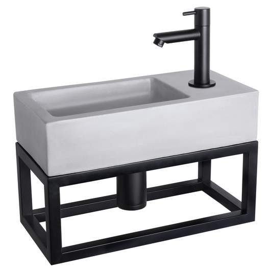 Complete fonteinset met handdoekrek Differnz Ravo 38x18 cm lichtgrijs beton en mat zwart rechte kraan