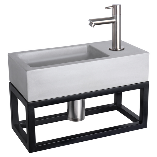 Complete fonteinset met handdoekrek Differnz Ravo 38x18 cm lichtgrijs beton en mat chroom rechte kraan
