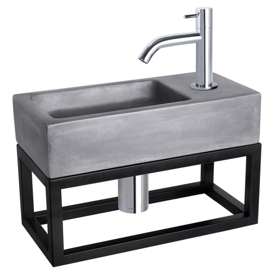 Complete fonteinset met handdoekrek Differnz Ravo 38x18 cm donkergrijs beton en glanzend chroom gebogen kraan