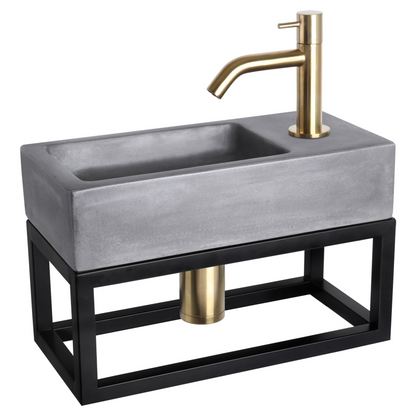 Complete fonteinset met handdoekrek Differnz Ravo 38x18 cm donkergrijs beton en mat gouden gebogen kraan
