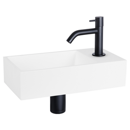 Complete fonteinset Differnz Solid 36x18 cm solid surface en mat zwart gebogen kraan