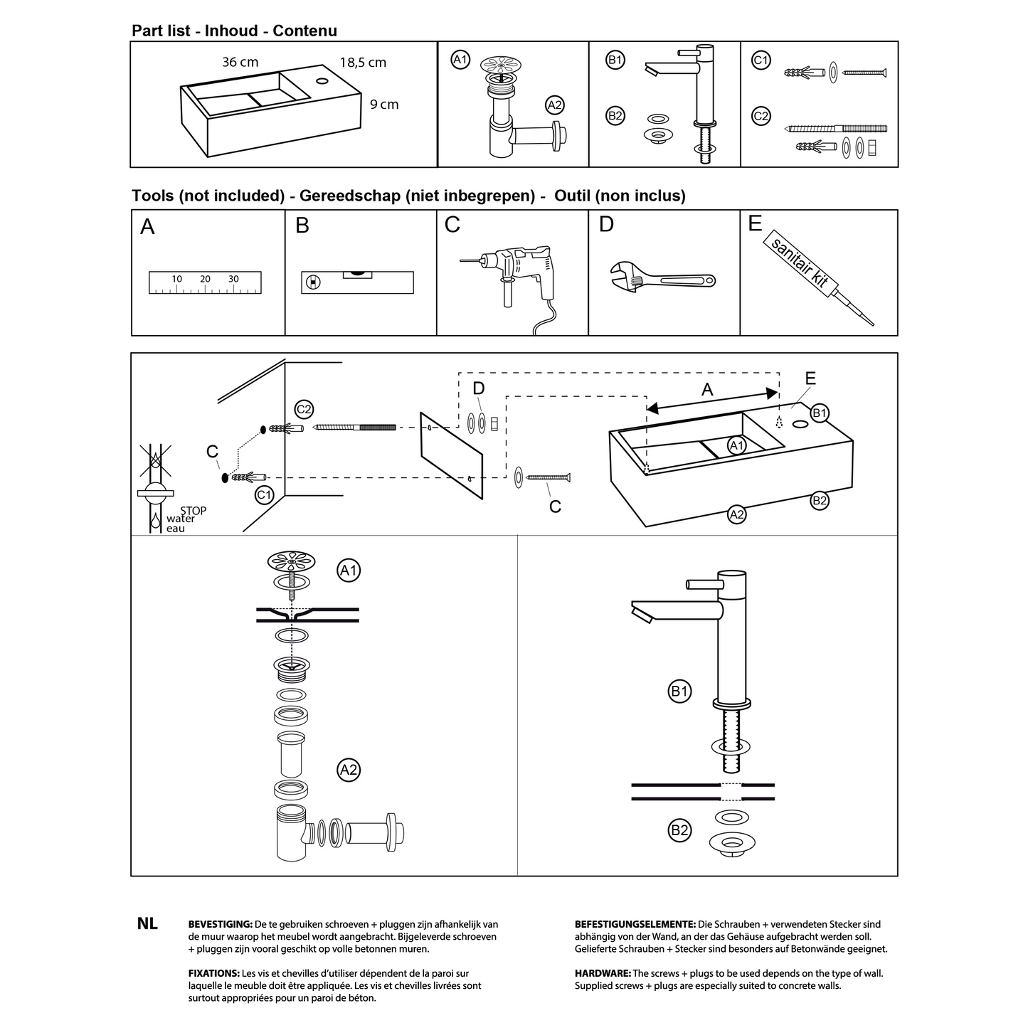 Complete fonteinset Differnz Solid 36x18 cm solid surface en goud rechte kraan