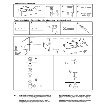 Complete fonteinset Differnz Solid 36x18 cm solid surface en goud rechte kraan