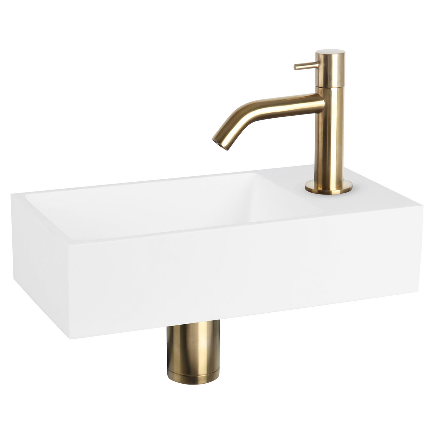 Complete fonteinset Differnz Solid 36x18 cm solid surface en goud gebogen kraan