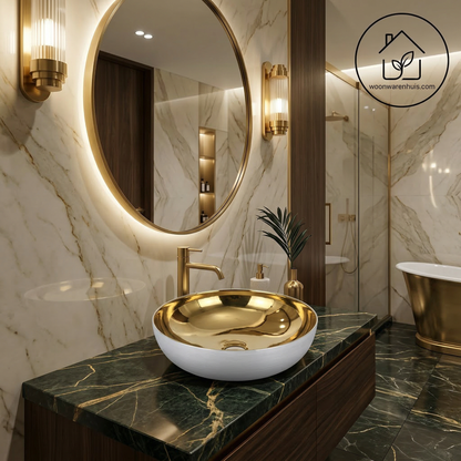Opbouw waskom Differnz Shine rond 40cm keramiek wit en goud