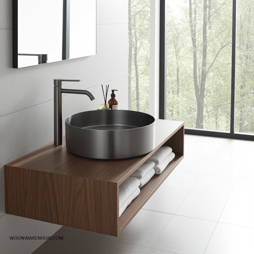 Opbouw waskom Differnz Metal 40 cm inclusief plug in gunmetal RVS