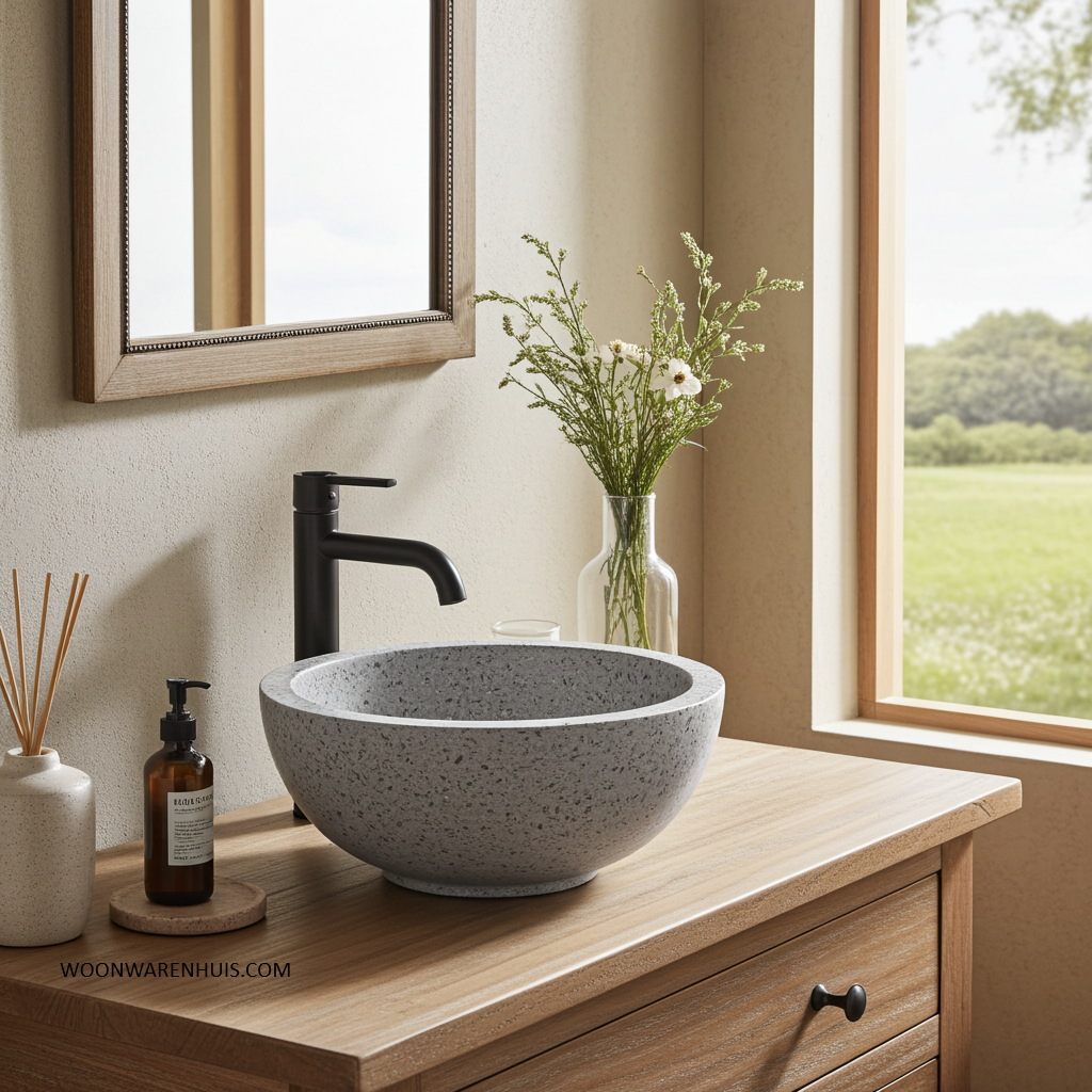 Opbouw waskom Differnz River Terrazzo 23 cm natuursteen grof grijs