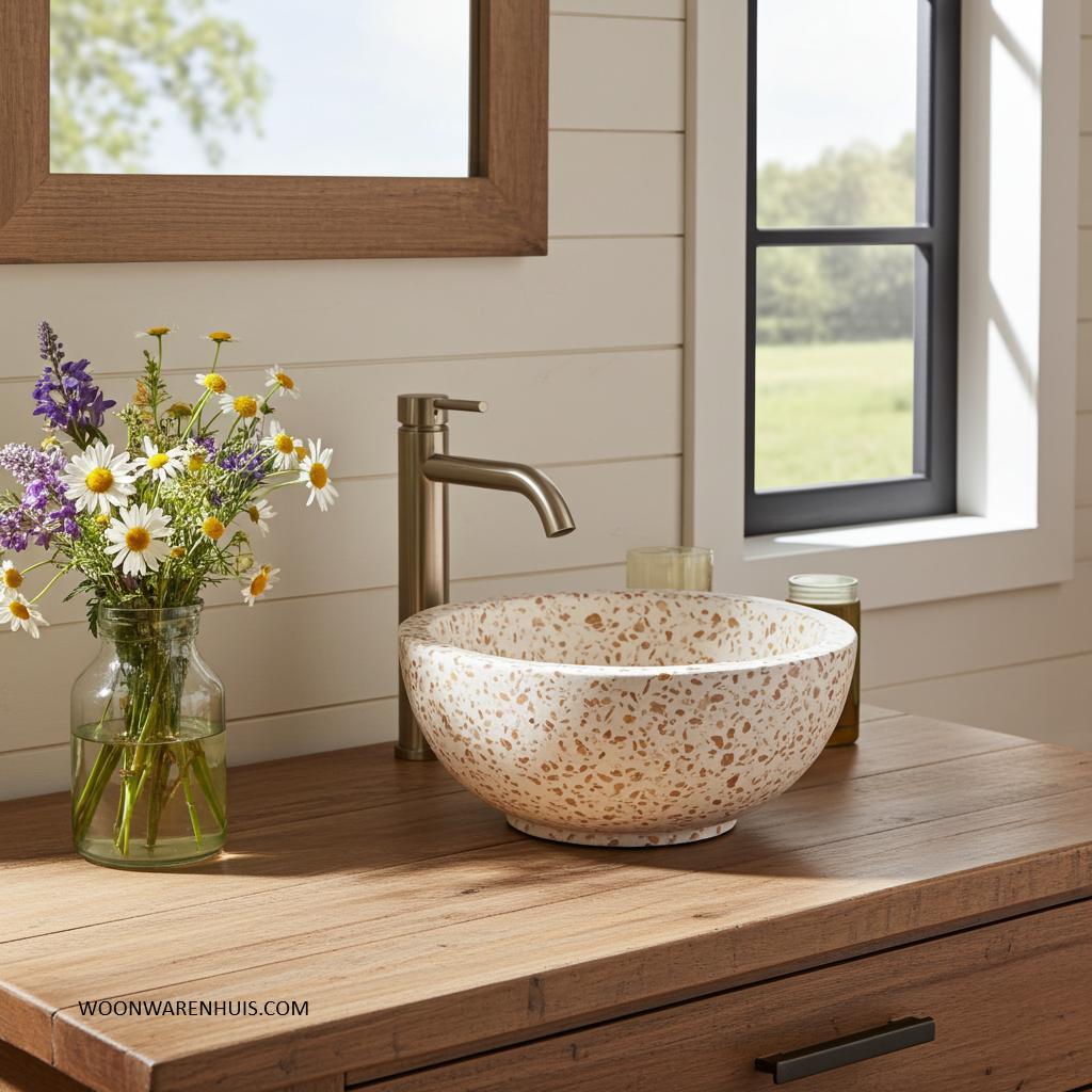 Opbouw waskom Differnz River Terrazzo 25 cm natuursteen beige