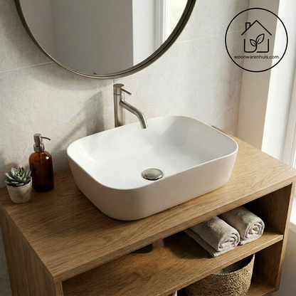 Opbouw waskom Differnz Zena rechthoek 48cm keramiek beige en wit