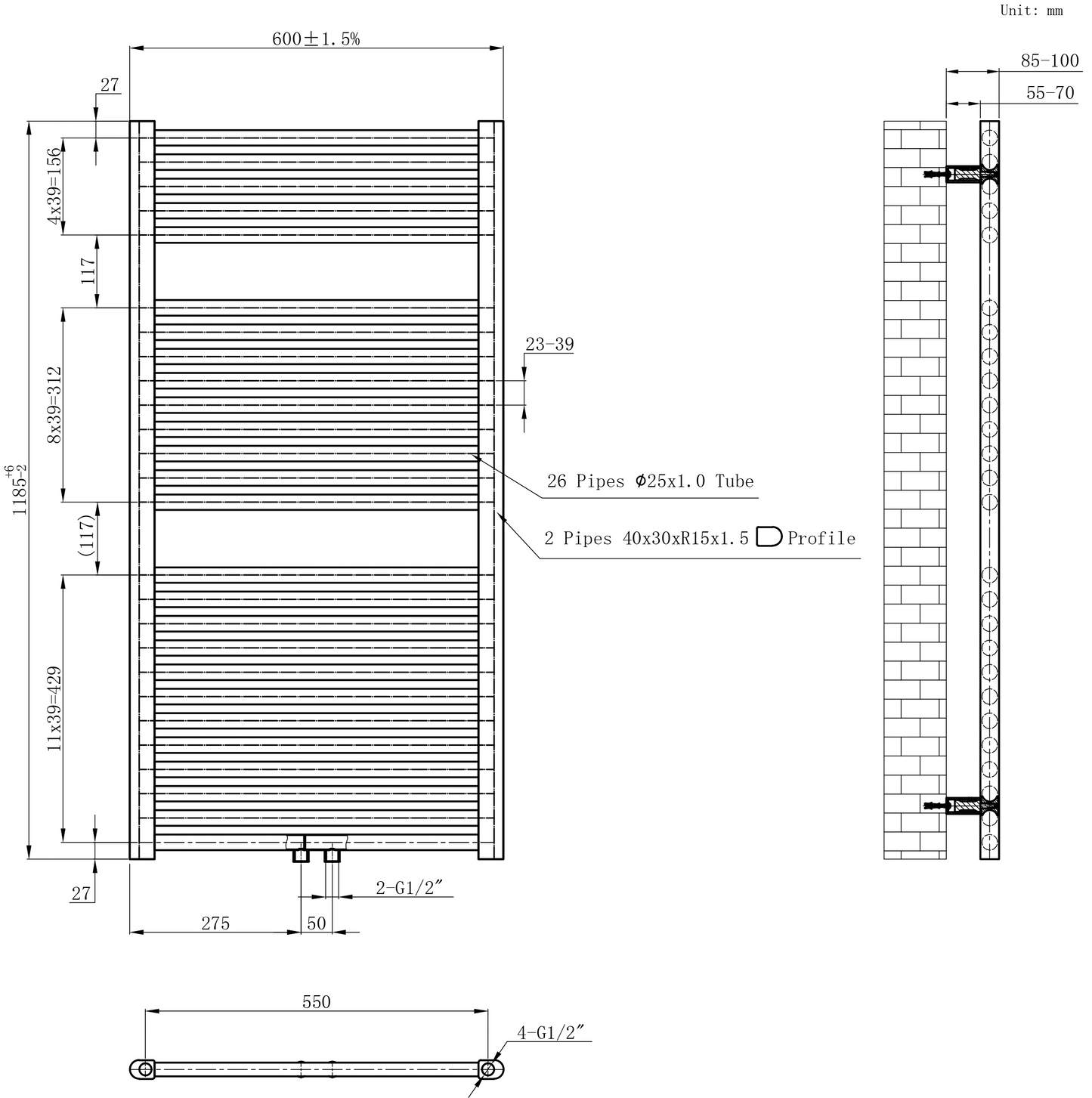 CV designradiator Wiesbaden Elara 120cm x 60cm mat zwart