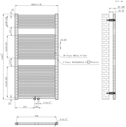 CV designradiator Wiesbaden Elara 120cm x 60cm mat zwart