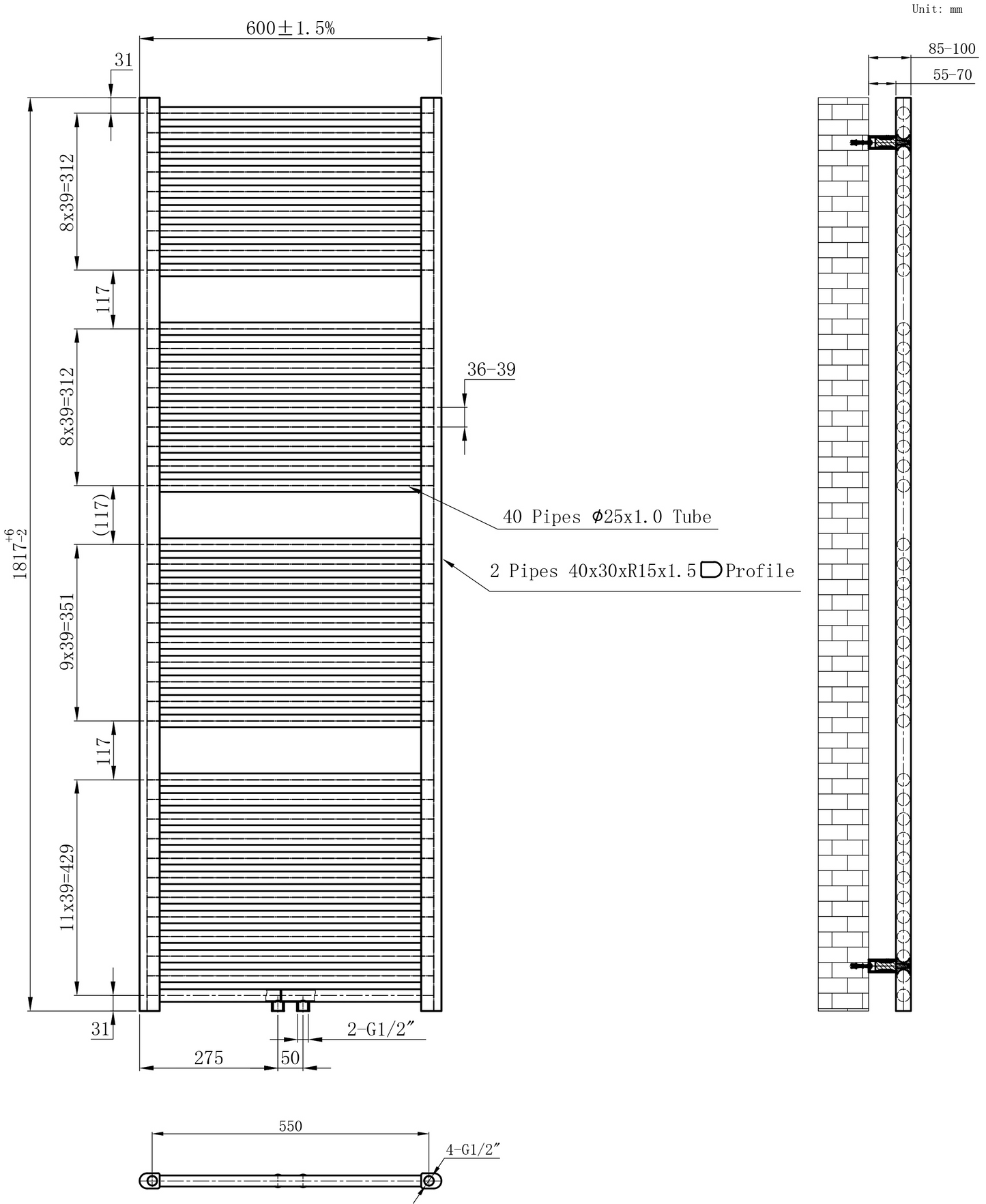 CV designradiator Wiesbaden Elara 180cm x 60cm glans wit