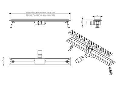 Douchegoot 110 cm met flens en designrooster in rvs