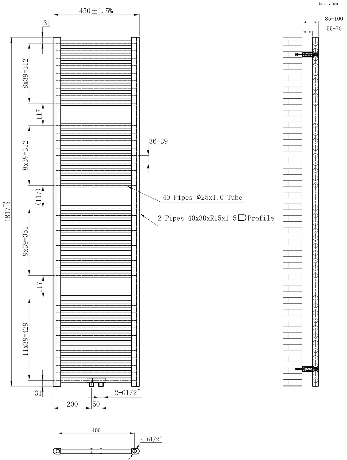 CV designradiator Wiesbaden Elara 180cm x 45cm glans wit