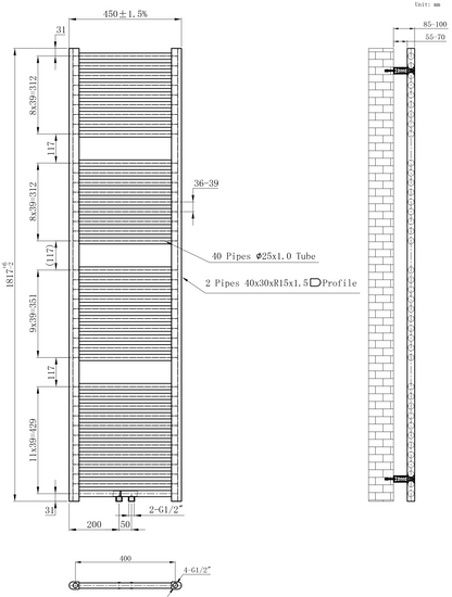 CV designradiator Wiesbaden Elara 180cm x 45cm glans wit