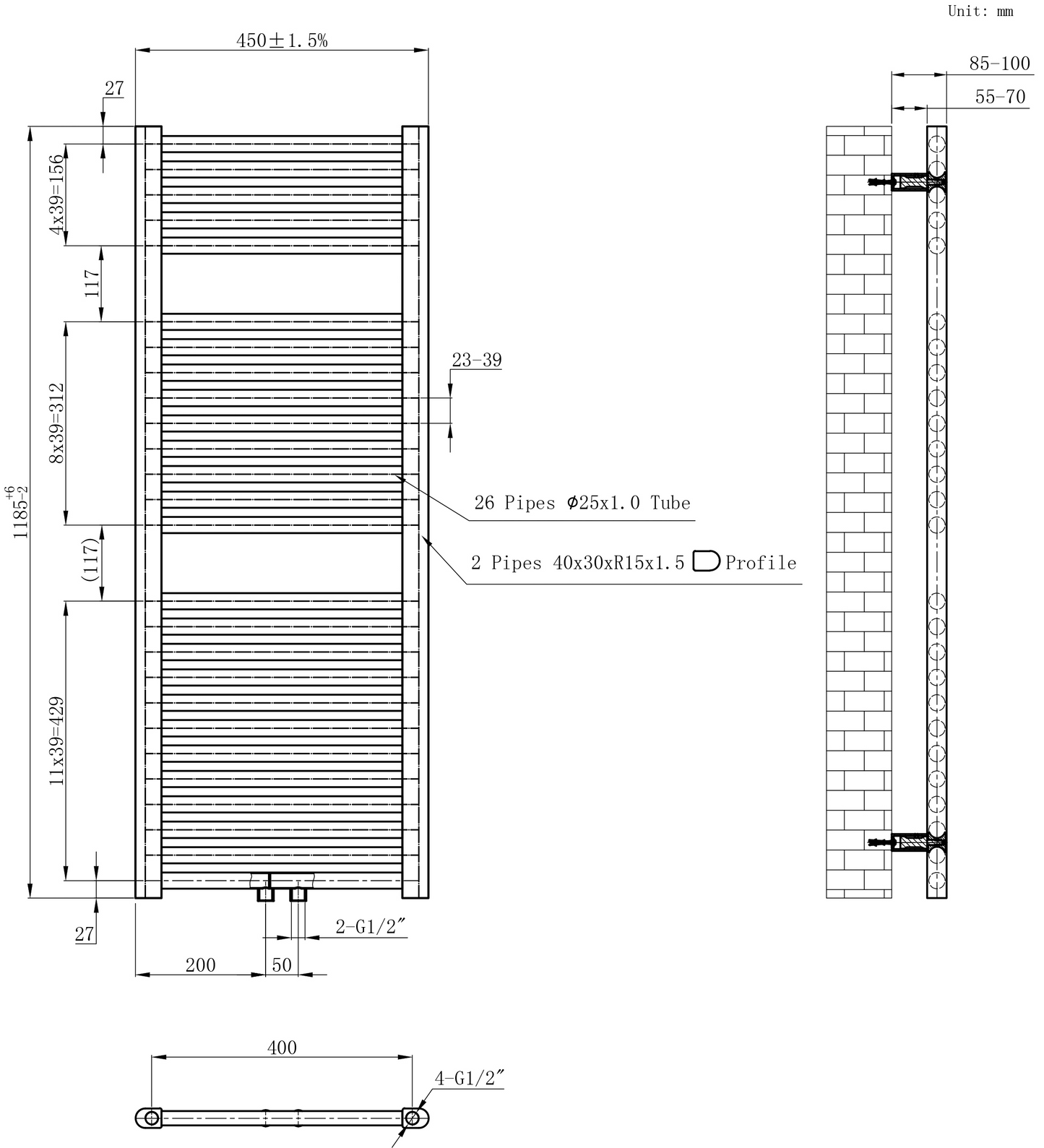 CV designradiator Wiesbaden Elara 120cm x 45cm glans wit