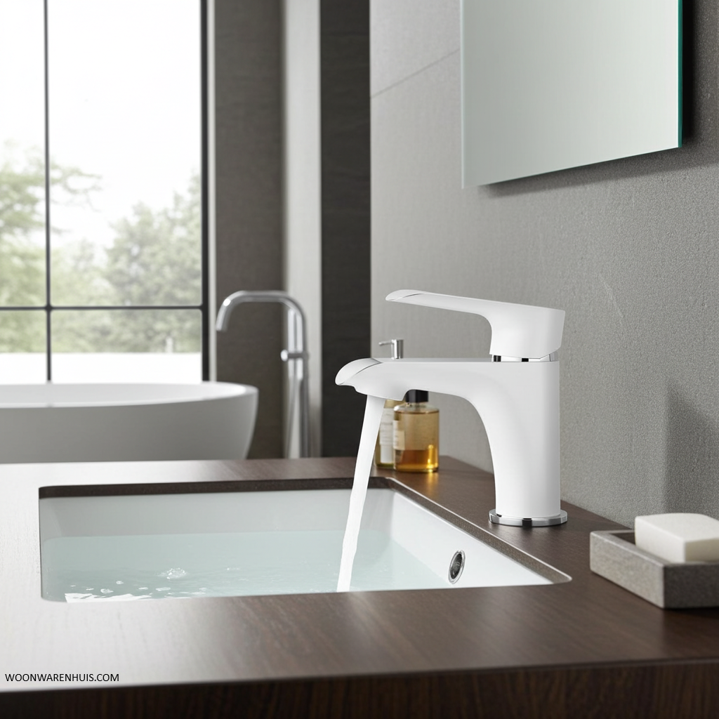 Wastafelmengkraan Xellanz Tarma laag in mat wit en chroom