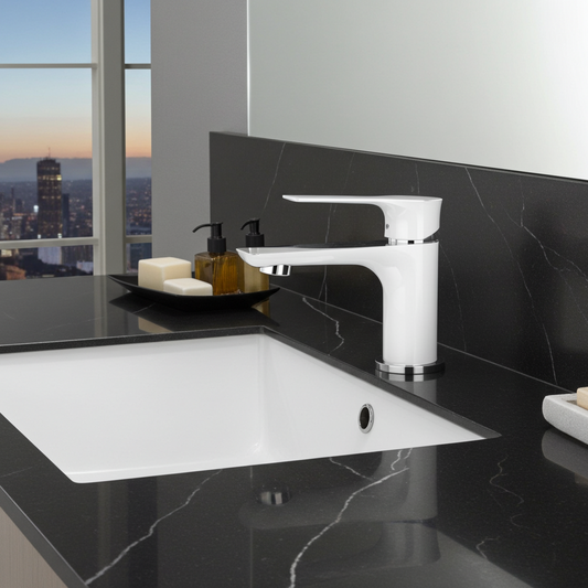 Wastafelmengkraan Xellanz Casma laag in mat wit en chroom