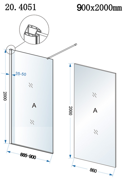 Inloopdouche Xellanz Eco 90cm x 200cm met chroom profiel en 8mm helder glas